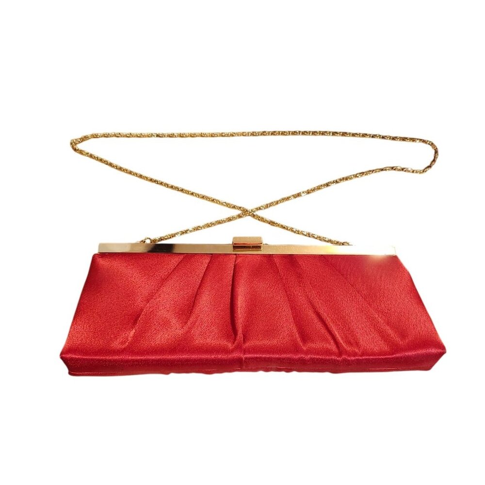 Vintage 90s Jessica McClintock Red Satin Clutch Purse with Metal Chain Strap